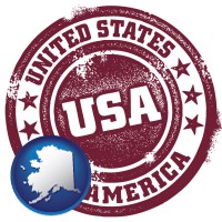 alaska map icon and a vintage USA immigration stamp