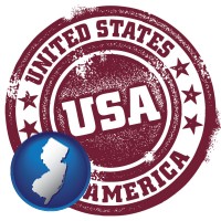 new-jersey map icon and a vintage USA immigration stamp