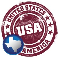 texas map icon and a vintage USA immigration stamp