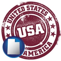 ut map icon and a vintage USA immigration stamp
