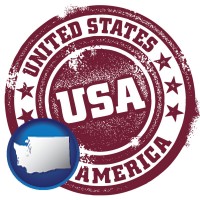washington map icon and a vintage USA immigration stamp